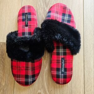 Victoria's Secret Red, Black Plaid Silky Black Faux Fur House Slippers Shoes